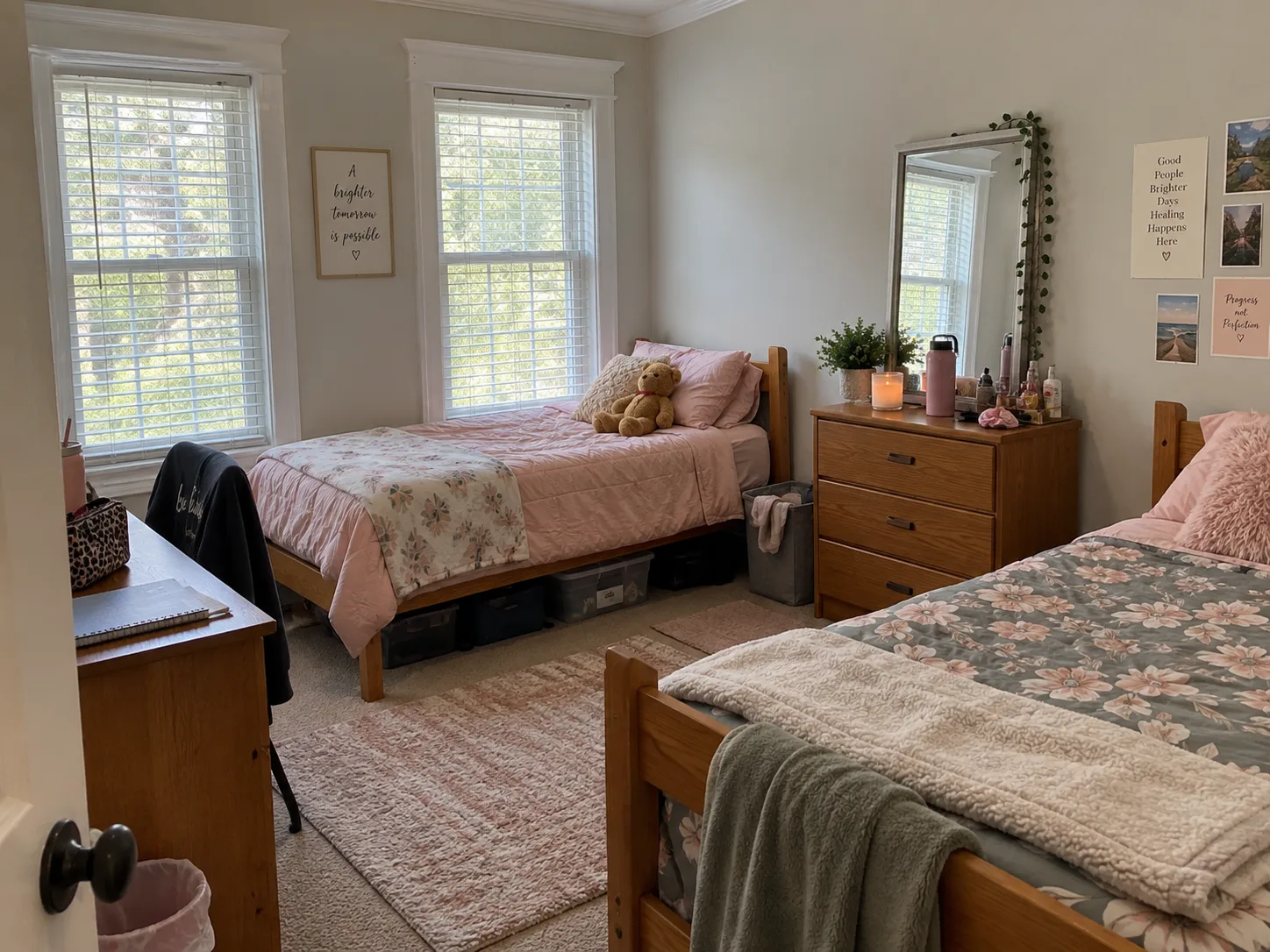 Shared women's Twin XL bedroom with soft personal decor