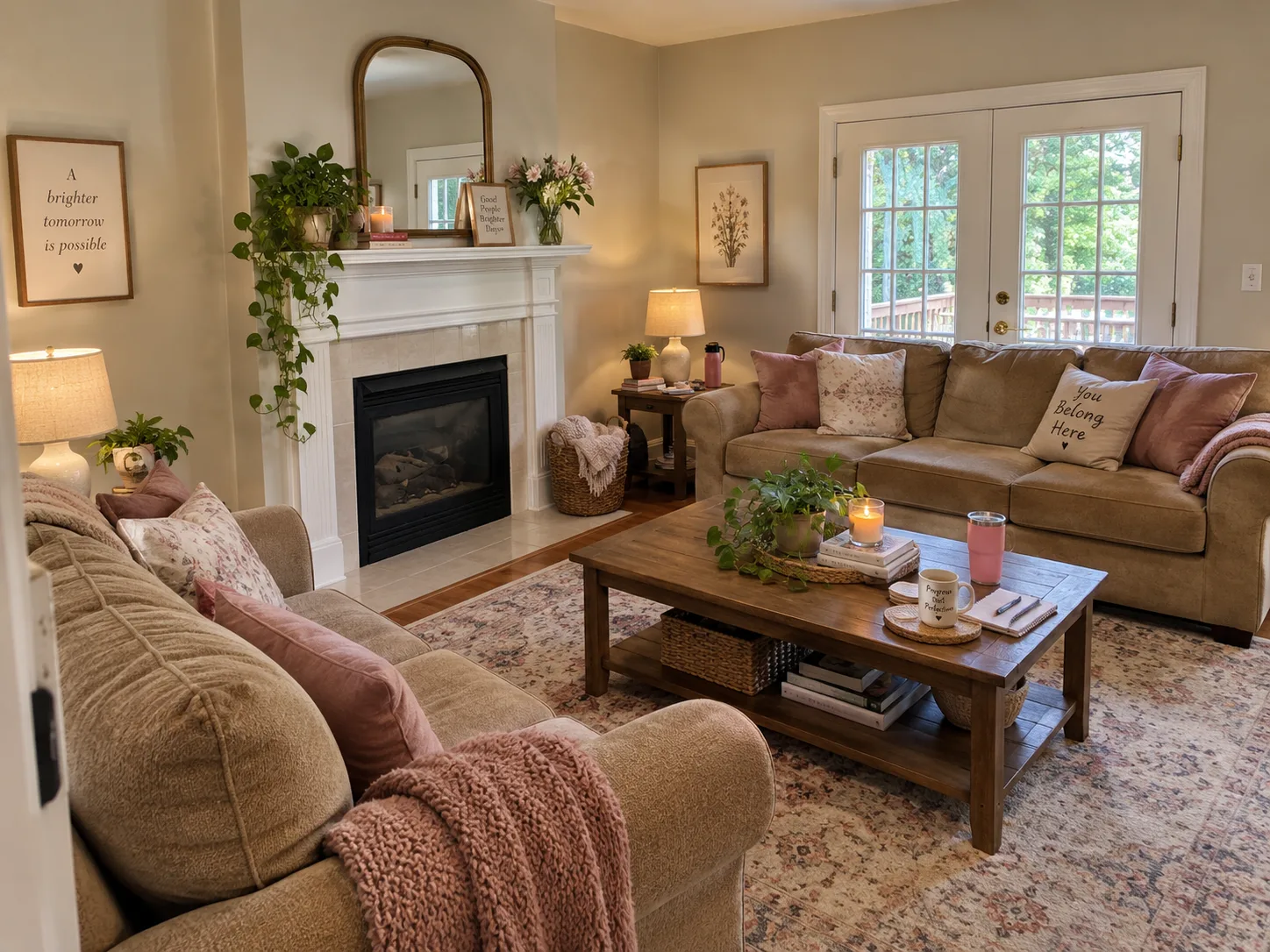 Representative shared living area with French doors and natural light