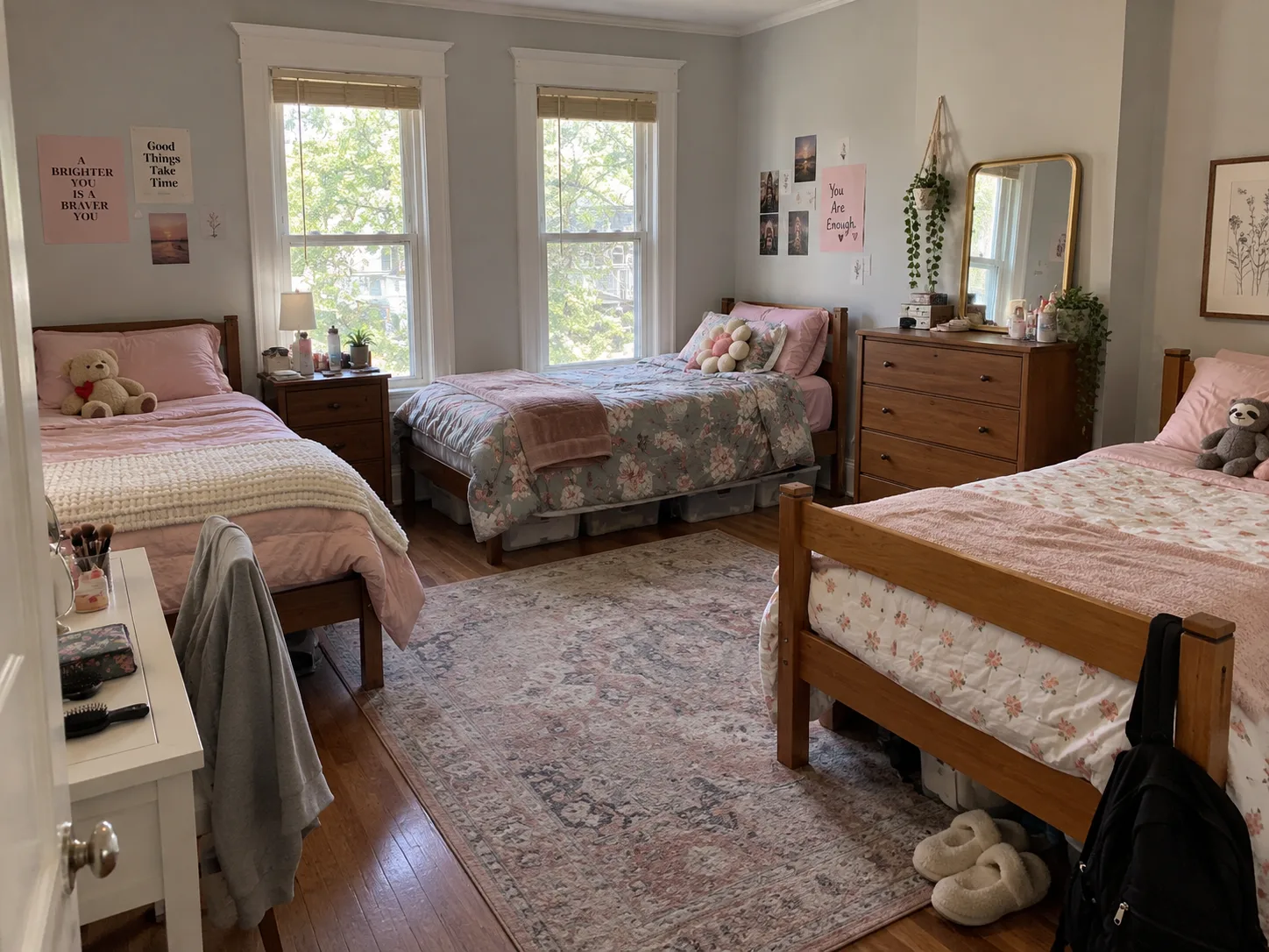 Large shared women's bedroom with three Twin XL beds