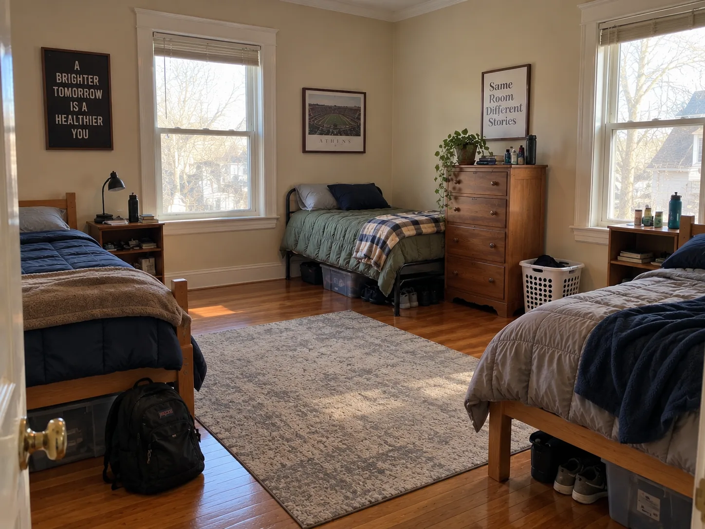 Large shared bedroom arranged with three Twin XL beds