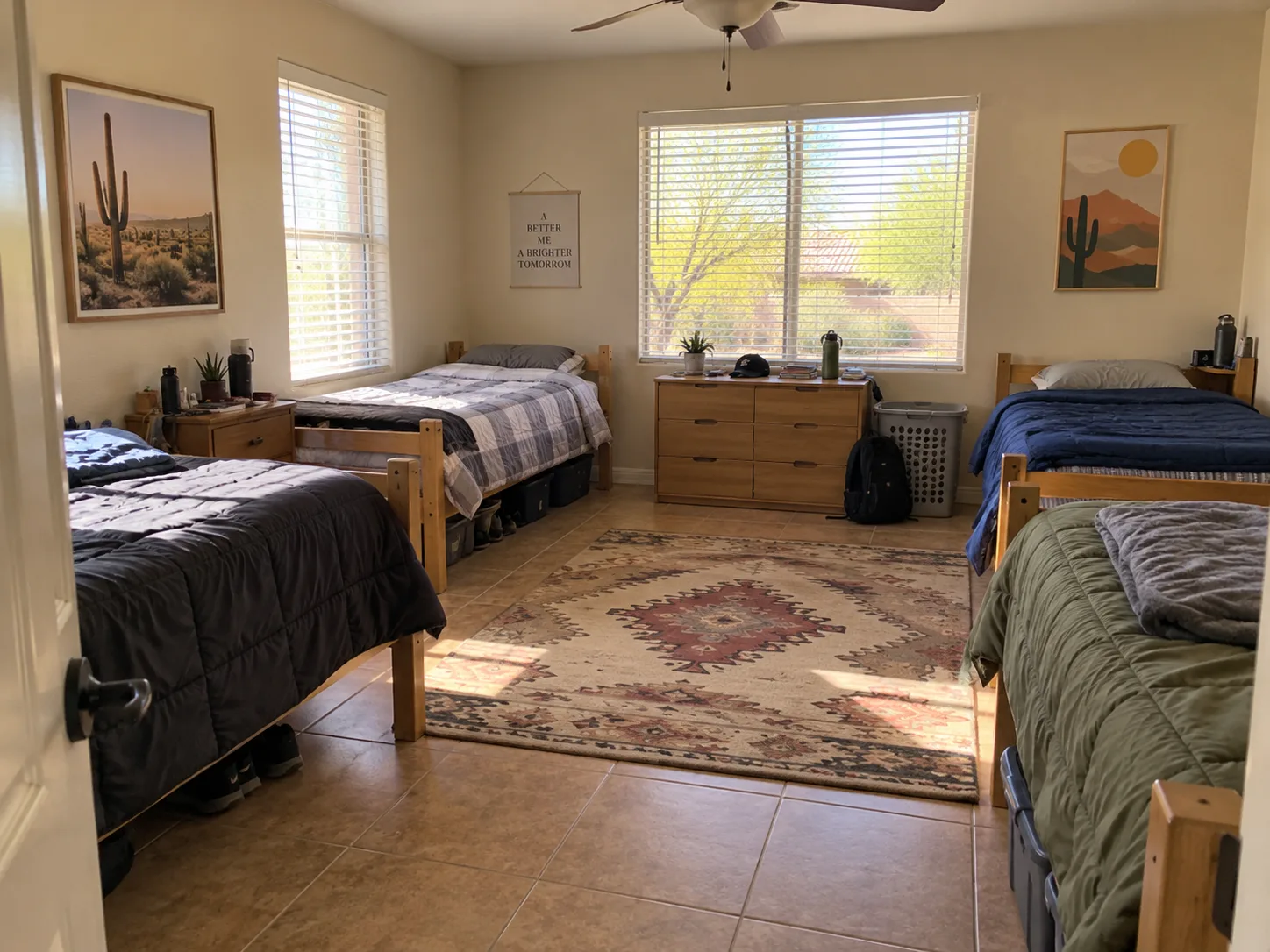 Shared Twin XL bedroom with Southwestern daylight and tile flooring