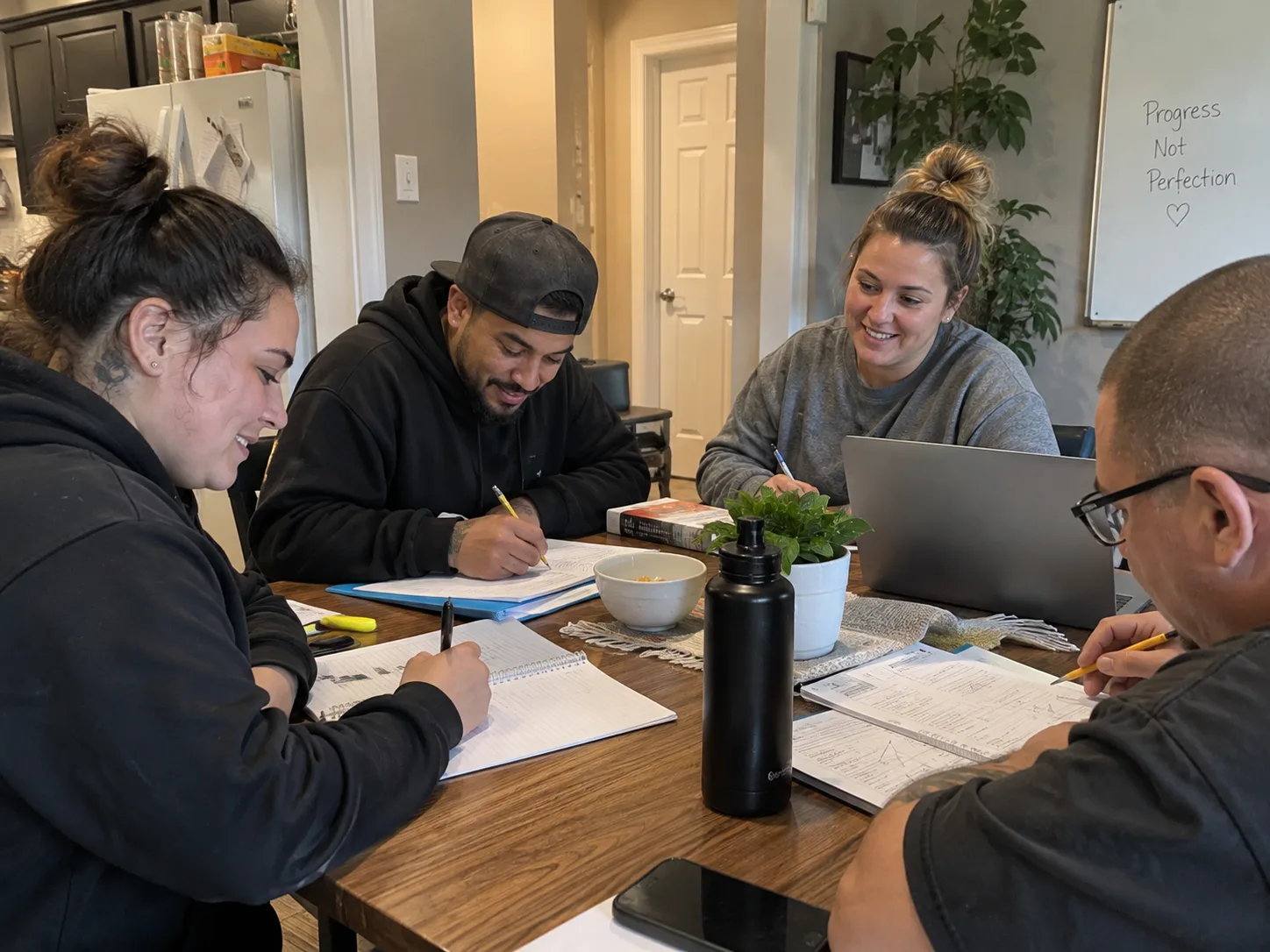 Adults studying together around a table in a home-like setting
