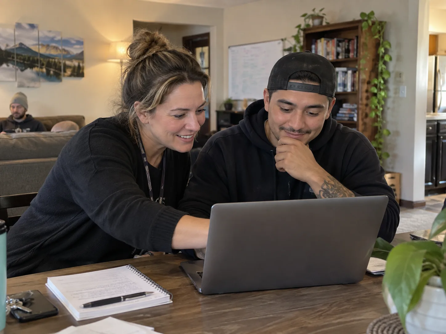 A support professional and guest working together at a laptop