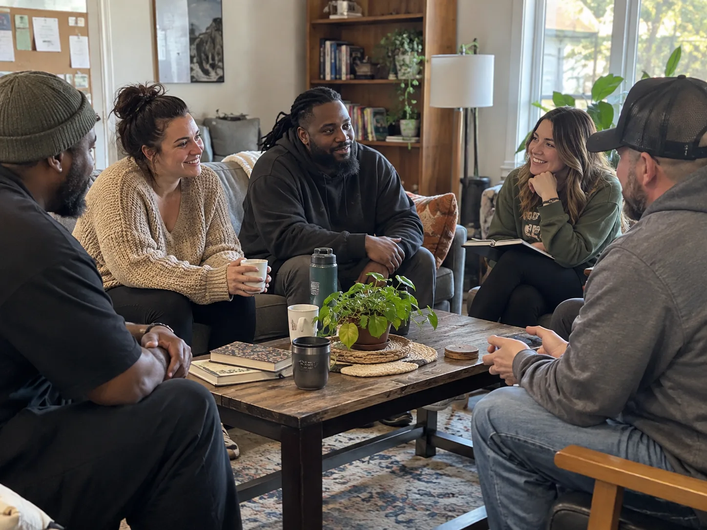 A small mixed group in a relaxed shared-space conversation