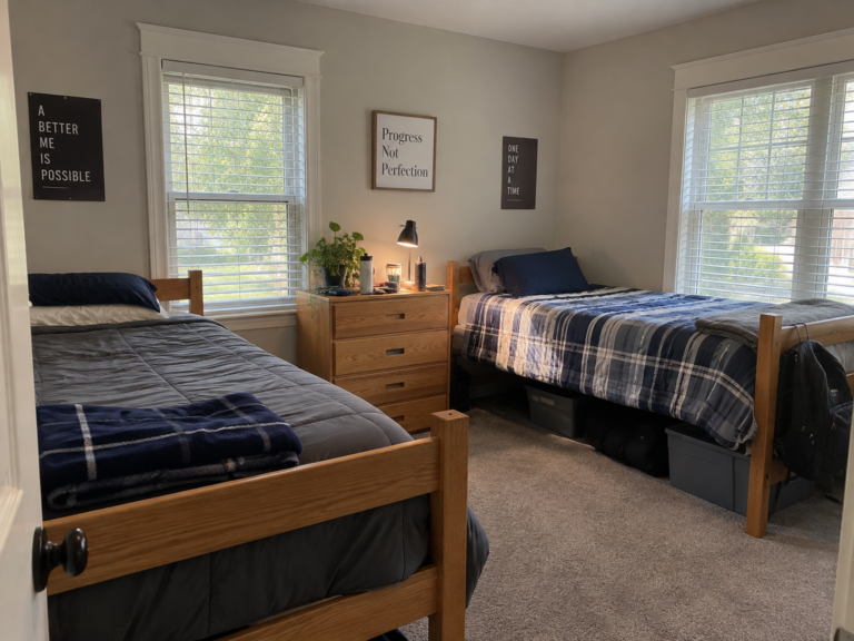Shared recovery-housing bedroom with motivational wall decor